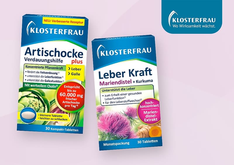 Zwei Produktverpackungen der Marke Klosterfrau, links eine grüne Verpackung mit der Aufschrift „Artischocke plus Verdauungshilfe“ und rechts eine gelbe Verpackung mit der Aufschrift „Magen Balsam alkoholfrei“, beide mit roten „NEU“-Hinweisen