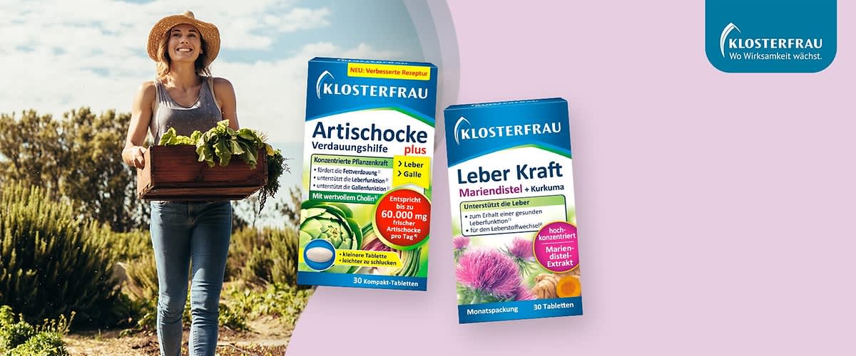 Zwei Produktverpackungen von Klosterfrau, links Artischocke Verdauungshilfe mit grüner und blauer Gestaltung, rechts Magen Balsam mit blauer und gelber Gestaltung, beide mit roten „Neu“-Hinweisen und verschiedenen Aufschriften, oben rechts das Klosterfrau-Logo mit dem Slogan „Wo Wirksamkeit wächst“