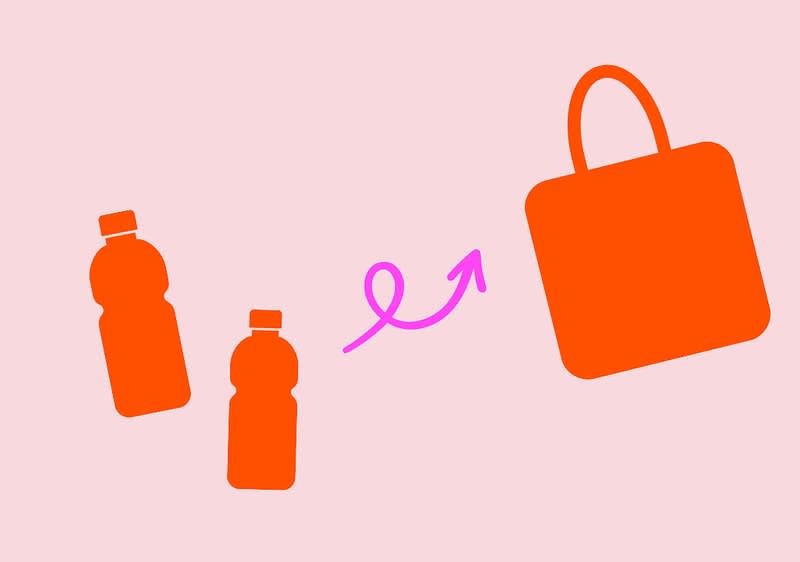 Illustration mit zwei roten Flaschen und einer roten Einkaufstasche auf rosa Hintergrund, verbunden durch einen pinken Pfeil