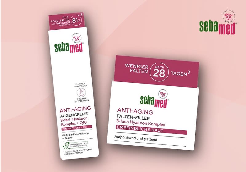 Zwei Produktverpackungen der Marke Sebamed, links eine weiße Verpackung mit der Aufschrift „Anti-Aging Augencreme 3-fach Hyaluron Komplex + Q10“, rechts eine quadratische Verpackung mit der Aufschrift „Anti-Aging Falten-Filler 3-fach Hyaluron Komplex Empfindliche Haut“, beide mit dem Hinweis „Weniger Falten nach 28 Tagen“