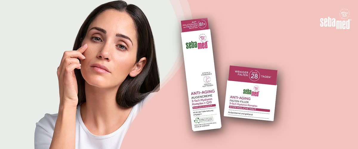 Zwei Produktverpackungen der Marke Sebamed, links eine weiße Verpackung mit der Aufschrift „Anti-Aging Augencreme 3-fach Hyaluron Komplex + Q10“, rechts eine quadratische Verpackung mit der Aufschrift „Anti-Aging Falten-Filler 3-fach Hyaluron Komplex Empfindliche Haut“, beide mit dem Hinweis „Weniger Falten nach 28 Tagen“