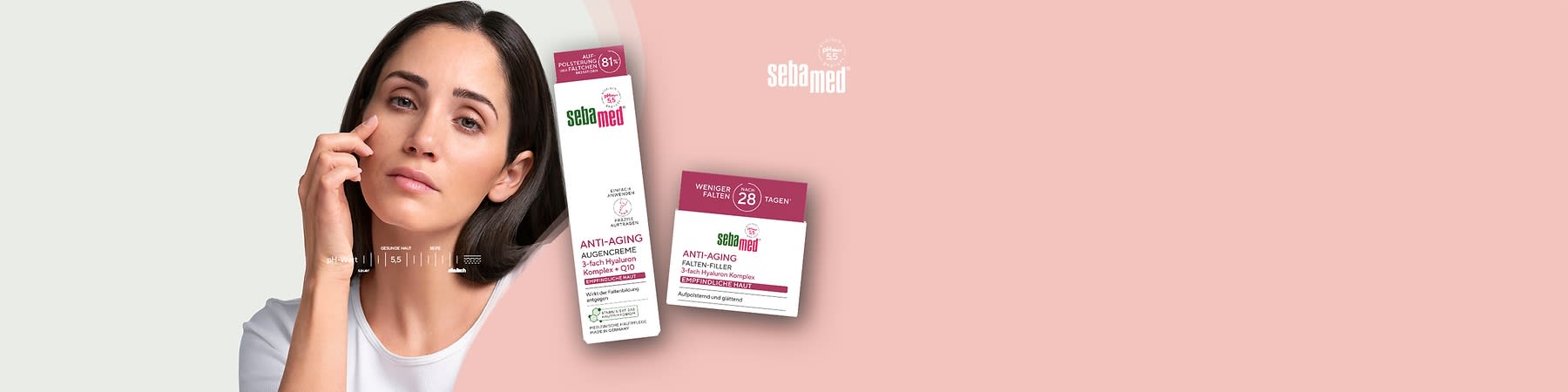 Zwei Produktverpackungen von Sebamed Anti-Aging. Links eine weiße Verpackung mit der Aufschrift „Augencreme 3-fach Hyaluron Komplex + Q10“, rechts eine quadratische Verpackung mit der Aufschrift „Falten-Filler 3-fach Hyaluron Komplex empfindliche Haut“. Beide Verpackungen sind auf einem rosa Hintergrund platziert, oben rechts das Sebamed-Logo in Grün und Rot