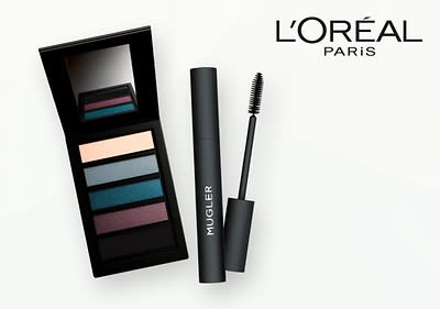 Eine schwarze Lidschattenpalette mit fünf Farben und ein schwarzer Mascara mit der Aufschrift „MUGLER“ daneben, oben rechts das Logo von L'Oréal Paris