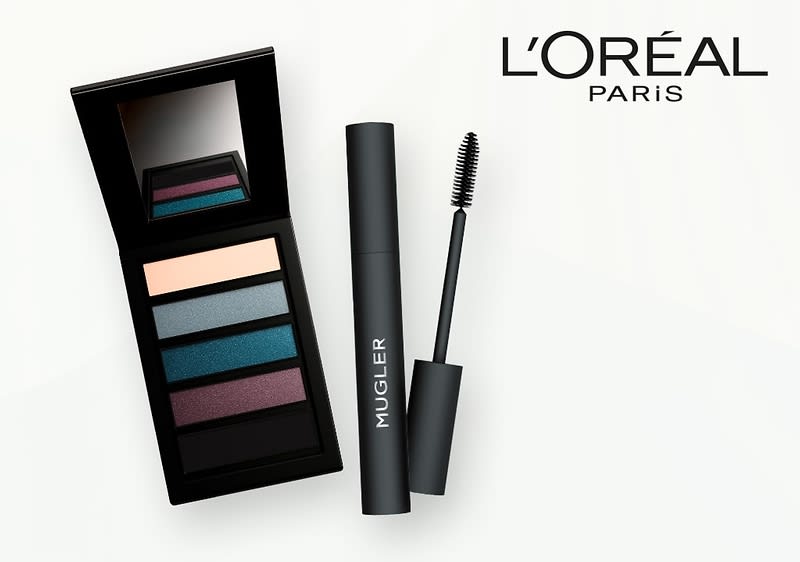 Eine schwarze Lidschattenpalette mit fünf Farben und ein schwarzer Mascara mit der Aufschrift „MUGLER“ daneben, oben rechts das Logo von L'Oréal Paris