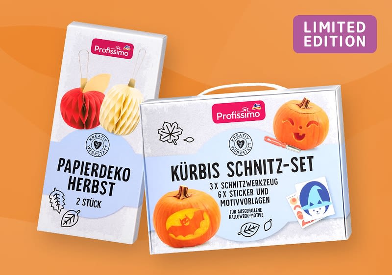 Zwei Produktverpackungen von Profissimo, links eine Verpackung mit der Aufschrift „Papierdeko Herbst 2 Stück“ und rechts eine Verpackung mit der Aufschrift „Kürbis Schnitz-Set 3x Schnitzwerkzeug 6x Sticker und Motivvorlagen“, oben rechts ein lila Schild mit der Aufschrift „Limited Edition“