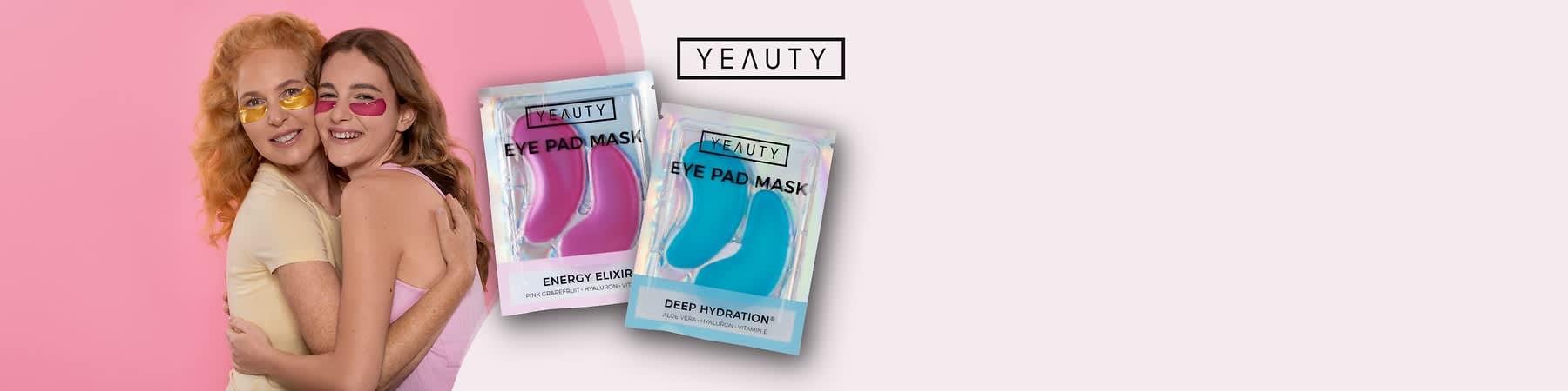 Zwei Verpackungen von Yeauty Eye Pad Masken, links Energy Elixir mit pinken Pads und der Aufschrift „Pink Grapefruit - Hyaluron - Vitamin E“, rechts Deep Hydration mit blauen Pads und der Aufschrift „Aloe Vera - Hyaluron - Vitamin E“, darüber das Yeauty Logo