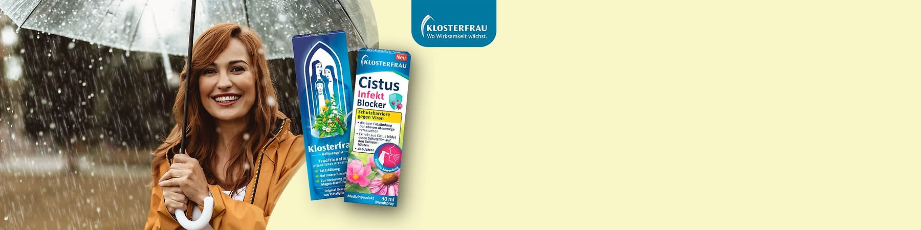 Zwei Produktverpackungen von Klosterfrau, links eine blaue Verpackung mit Pflanzenabbildung und der Aufschrift „Klosterfrau Melissengeist Traditionelle Pflanzenkraft“, rechts eine bunte Verpackung mit Blumen und der Aufschrift „Cistus Infekt Blocker Schutzbarriere gegen Viren“