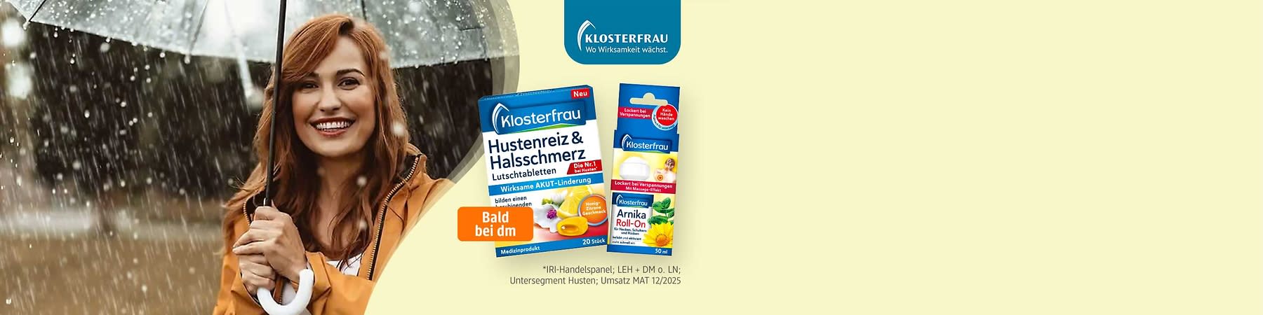 Zwei Produktverpackungen von Klosterfrau, links eine blaue Verpackung mit Pflanzenabbildung und der Aufschrift „Klosterfrau Melissengeist Traditionelle Pflanzenkraft“, rechts eine bunte Verpackung mit Blumen und der Aufschrift „Cistus Infekt Blocker Schutzbarriere gegen Viren“. Bild mithilfe von KI erstellt
