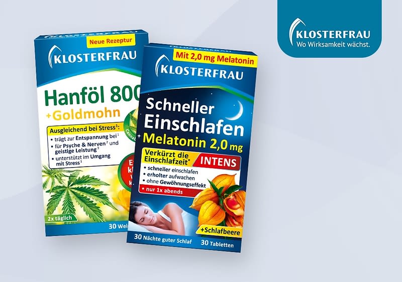 Zwei Produktverpackungen von Klosterfrau, links Hanföl 800 mit Goldmohn, rechts Melatonin 2,0 mg mit der Aufschrift „Schneller Einschlafen“, beide mit grünen und blauen Designs