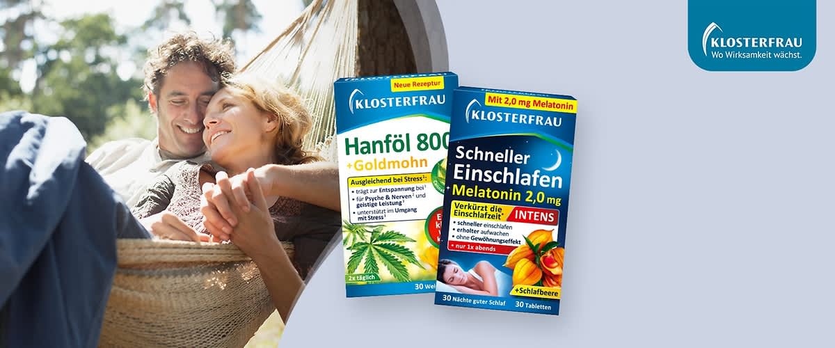 Zwei Produktverpackungen der Marke Klosterfrau, links Hanföl 800 + Goldmohn mit grünem und gelbem Design, rechts Schneller Einschlafen Melatonin 2,0 mg mit blauem und orangem Design, beide mit gut lesbaren Aufschriften und dem Klosterfrau-Logo oben rechts