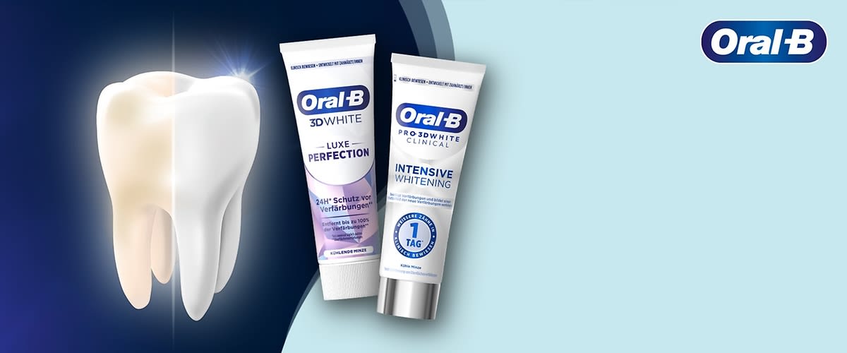 Zwei Zahnpastatuben der Marke Oral-B, links 3D White Luxe Perfection mit violetter Aufschrift, rechts Pro-Expert Intensive Whitening mit blauer Aufschrift, oben rechts das Logo von Oral-B