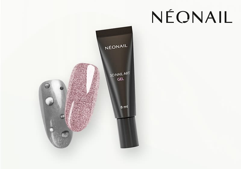 Eine schwarze Tube mit der Aufschrift „NEONAIL 3D NAIL ART GEL 8 ml“ neben einem glitzernden Nagel und dem Schriftzug „NÉONAIL“