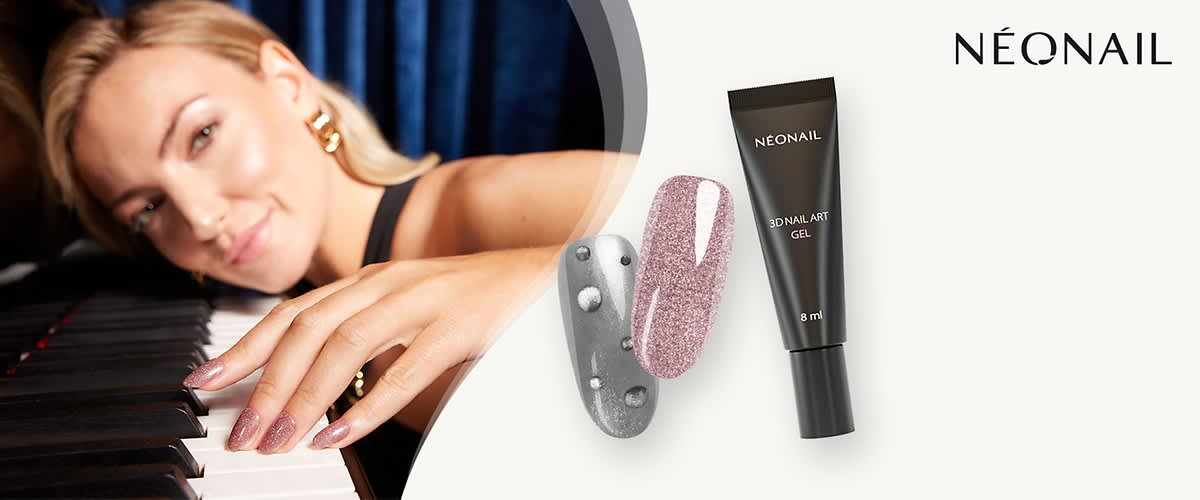 Eine schwarze Tube mit der Aufschrift „NEONAIL 3D NAIL ART GEL 8 ml“ neben einem glitzernden Nagel und dem Schriftzug „NÉONAIL“