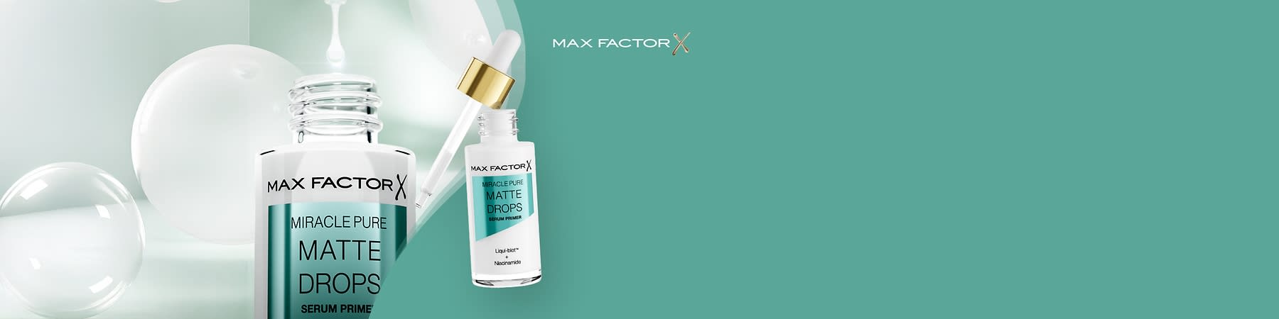 Eine weiße Flasche mit goldener Kappe und Pipette, darauf die Aufschrift „MAX FACTOR MIRACLE PURE MATTE DROPS SERUM PRIMER“, darunter „LiqiBiom™ Niacinamide“, im Hintergrund das Logo von Max Factor