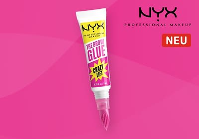 Eine pinke Verpackung von NYX Professional Makeup mit der Aufschrift „The Brow Glue Crazy Lift“ und einem roten „NEU“-Label
