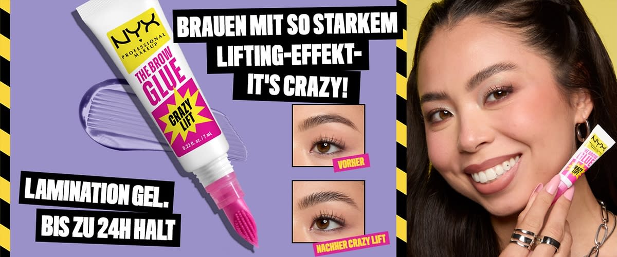 Eine lila Verpackung von NYX The Brow Glue mit pinkem Applikator, daneben der Text „Brauen mit so starkem Lifting-Effekt - It's crazy! Lamination Gel bis zu 16h Halt“