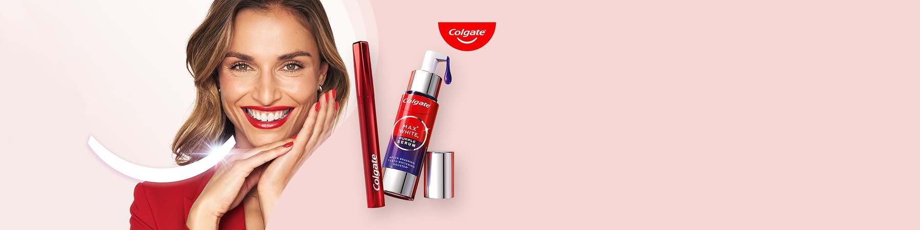 Zwei rote Colgate-Produkte, links ein Zahnweißstift und rechts ein Zahnweißserum mit lila Tropfen, beide mit silbernen Verschlüssen und der Aufschrift „Max White Purple Serum“, oben rechts das Colgate-Logo