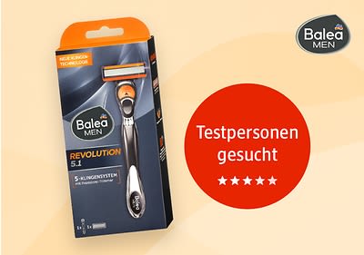 Eine Verpackung des Balea MEN Revolution 5.1 Rasierers mit orangem und schwarzem Design, daneben ein roter Kreis mit weißem Text „Testpersonen gesucht“ und fünf weißen Sternen