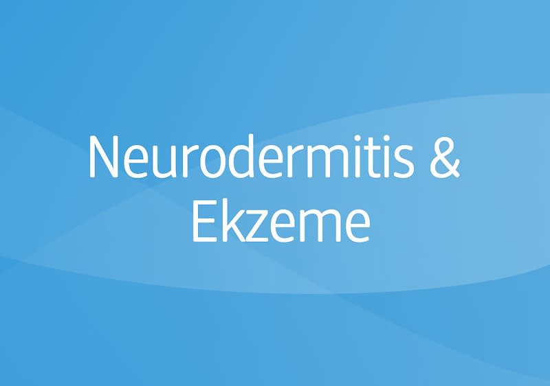 Der Teaser zeigt hellblauen Hintergrund mit dem weißen Text „Neurodermitis und Ekzeme“ und verlinkt auf das Sortiment