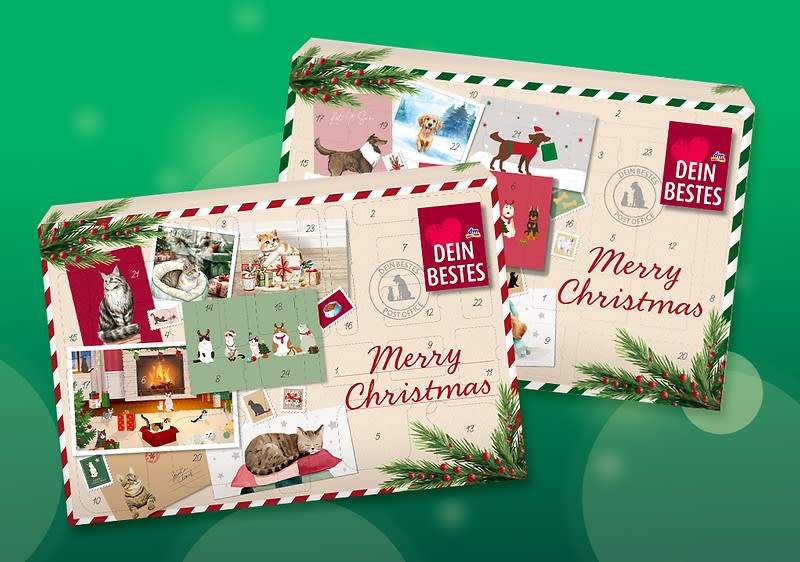 Zwei übereinander angeordnete Adventskalender im Postkarten-Stil mit roten und grünen Streifen, Illustrationen von Tieren, Geschenken und Kamin, Aufschrift „Merry Christmas“ und rotem Markenfeld mit Schriftzug „DEIN BESTES“