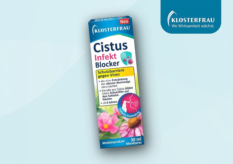 Eine Verpackung des Cistus Infekt Blocker Mundsprays von Klosterfrau mit blauer Oberseite und bunten Blumenmotiven. Aufschriften: „Schutzbarriere gegen Viren“, „30 ml“, „Medizinprodukt“. Oben rechts das Klosterfrau-Logo mit dem Slogan „Wo Wirksamkeit wächst“