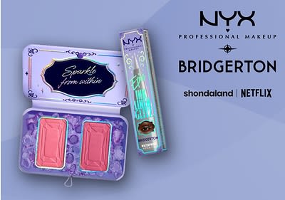 Eine lilafarbene Verpackung mit der Aufschrift „Sparkle from within“ enthält zwei rosa Lidschatten. Daneben steht eine schmale Box mit der Aufschrift „Epic Wear Liner Stick“ und einem Bild eines Auges. Rechts sind die Logos von NYX Professional Makeup, Bridgerton, Shondaland und Netflix zu sehen
