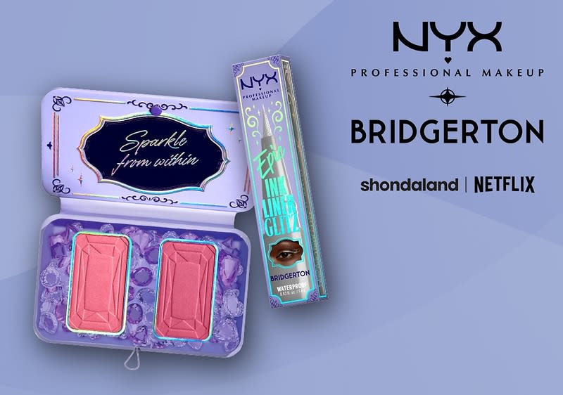 Eine lilafarbene Kosmetikverpackung mit der Aufschrift „Sparkle from within“ enthält zwei rosafarbene Lidschatten. Daneben steht eine Verpackung mit der Aufschrift „Epic Wear Liner Stick“ in Türkis. Oben rechts das Logo von NYX Professional Makeup. Rechts daneben steht „BRIDGERTON“ und darunter „shondaland | NETFLIX“
