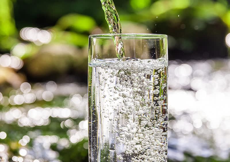 Ein Glas wird mit sprudelndem Wasser gefüllt, im Hintergrund sind unscharfe grüne Pflanzen erkennbar