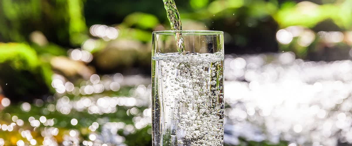 Ein Glas wird mit sprudelndem Wasser gefüllt, im Hintergrund sind unscharfe grüne Pflanzen erkennbar