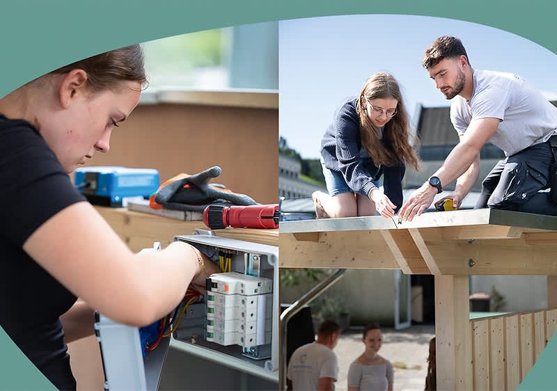 Links eine Person, die an einem Schaltschrank arbeitet, rechts zwei Personen, die auf einem Dach knien und solarpanels montieren