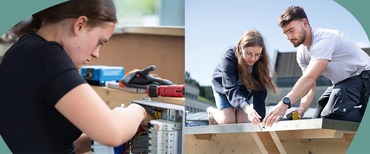 Links eine Person, die an einem Schaltschrank arbeitet, rechts zwei Personen, die auf einem Dach knien und solarpanels montieren