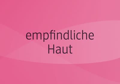 Der Text „empfindliche Haut“ steht in weißer Schrift auf einem blauen Hintergrund mit geschwungenen Linien