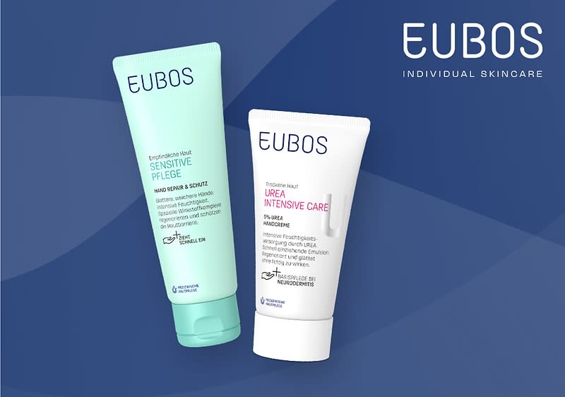 Zwei Tuben der Marke EUBOS, links eine hellgrüne Tube mit der Aufschrift „Sensitive Pflege“ und rechts eine weiße Tube mit der Aufschrift „Urea Intensive Care“, beide mit dem EUBOS-Logo und dem Schriftzug „INDIVIDUAL SKINCARE“ oben rechts