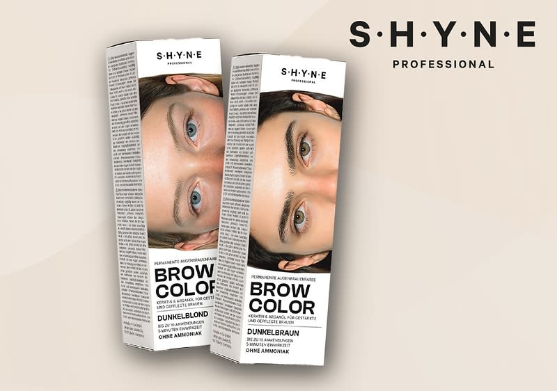 Zwei Verpackungen von SHYNE Brow Color in Dunkelblond und Dunkelbraun mit schwarzer Schrift auf weißem Hintergrund, daneben das SHYNE Professional Logo