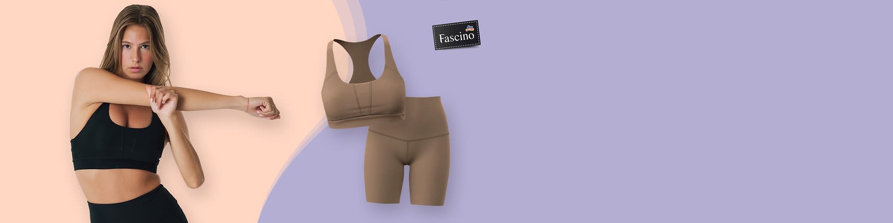 Eine Frau in schwarzer Sportbekleidung macht Dehnübungen, daneben braune Sportbekleidung bestehend aus einem Top, Shorts und Leggings, oben rechts das Logo von Fascino