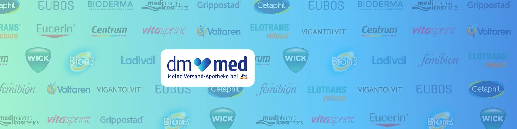 Das Logo von dm med vor einem Hintergrund mit verschiedenen Markenlogos wie EUBOS, BIODERMA, medipharma cosmetics, Femiion, Kytta, Bi, VIGANTOLVIT