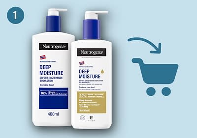 Zwei Neutrogena Deep Moisture Bodylotions mit blauen Pumpverschlüssen, links 400 ml mit blauer Schrift und rechts 250 ml mit goldener Schrift, daneben ein Einkaufswagensymbol mit Pfeil