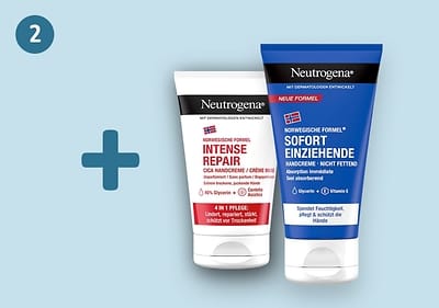 Zwei Neutrogena Handcremes, links Intense Repair in weißer Verpackung mit roter und schwarzer Schrift, rechts Sofort Einziehende in blauer Verpackung mit weißer und roter Schrift