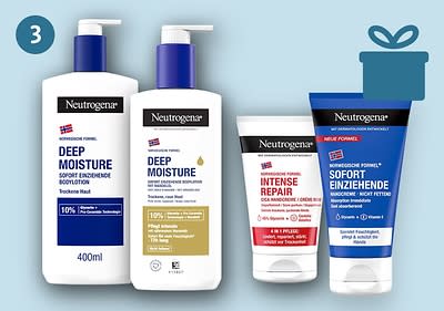 Vier Neutrogena-Produkte auf hellblauem Hintergrund, links eine weiße Flasche Deep Moisture Bodylotion mit norwegischer Flagge und Aufschrift „Trockene Haut“, daneben eine weiße Tube Deep Moisture Handcreme mit goldener Aufschrift „Trockene Hände“, rechts eine weiße Tube Intense Repair Handcreme mit roter Aufschrift „Sehr trockene Hände“, daneben eine blaue Tube Sofort Einziehende Handcreme mit roter Aufschrift „Neue Formel“