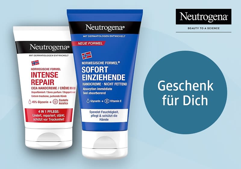 Zwei Neutrogena Handcreme-Tuben, links Intense Repair in Weiß mit rotem und schwarzem Design, rechts Sofort Einziehende in Blau mit weißem und schwarzem Design, daneben der Text „Geschenk für Dich“