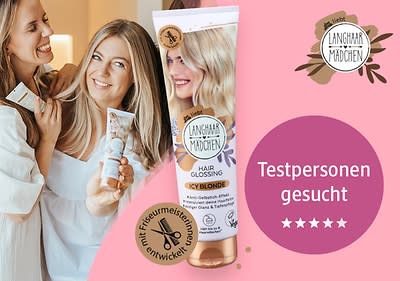 Zwei Frauen halten eine Tube Langhaarmädchen Hair Glossing Icy Blonde, daneben ein rosa Kreis mit der Aufschrift „Testpersonen gesucht“ und fünf Sternen, oben rechts das Langhaarmädchen-Logo
