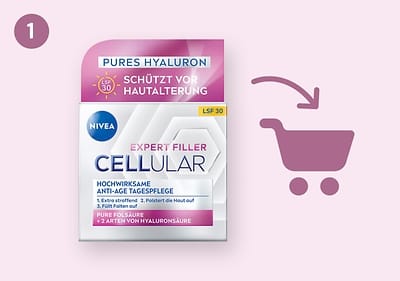 Eine Produktverpackung der Nivea Expert Filler Cellular hochwirksame Anti-Age Tagespflege mit LSF 30, die Pures Hyaluron und zwei Arten von Hyaluronsäure enthält, ist abgebildet. Auf der Verpackung steht zudem Schützt vor Hautalterung und Pure Folsäure, daneben ist ein Einkaufswagensymbol zu sehen.