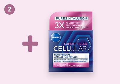 Eine Produktverpackung der Nivea Expert Filler Cellular hochwirksamen Anti-Age Nachtpflege ist abgebildet, oben steht Pures Hyaluron und 3x polstert auf, füllt Falten auf, spendet Feuchtigkeit, auf der Verpackung ist weiter zu lesen Extra wirksam: Polstert die Haut während der Nacht auf, 2 Arten von Hyaluronsäure, daneben ist ein rosa Pluszeichen auf einem hellrosa Hintergrund