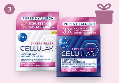 Zwei NIVEA Expert Filler Cellular Produktverpackungen vor einem hellrosa Hintergrund mit einer Geschenkbox-Ikone oben rechts, links eine Tagespflege mit LSF 30 und der Aufschrift Pures Hyaluron schützt vor Hautalterung, rechts eine Nachtpflege mit der Aufschrift 3X polstert auf, füllt Falten auf, spendet Feuchtigkeit, beide Verpackungen betonen die hochwirksame Anti-Age Pflege und die Verwendung von zwei Arten von Hyaluronsäure