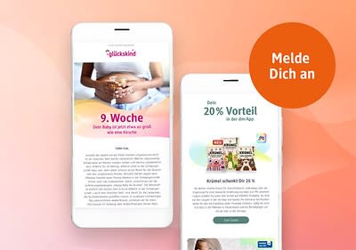 Zwei Smartphones zeigen die dm-App, links eine Schwangerschaftsinfo zur 9. Woche mit einem Bild einer Frau, die ihren Bauch hält, rechts ein Angebot mit 20% Vorteil in der dm-App und Bildern von dm-Produkten, daneben ein orangefarbener Kreis mit der Aufschrift „Melde Dich an“
