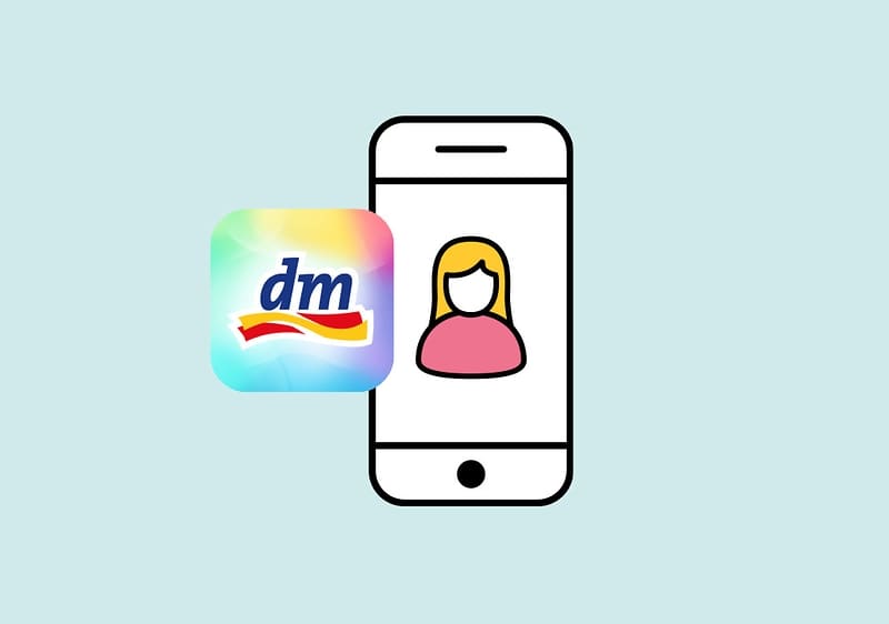 Das Logo von dm neben einer Smartphone-Grafik mit einer stilisierten Person im Display