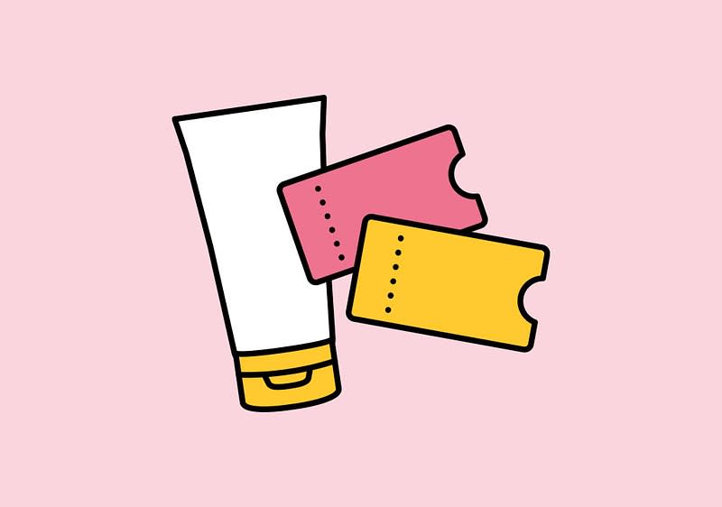 Illustration eines weißen Tubenbehälters mit gelbem Verschluss, daneben zwei Eintrittskarten in Rosa und Gelb