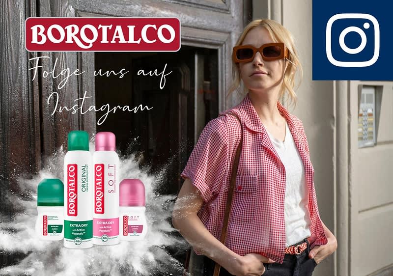 Das Logo von Borotalco, daneben der Schriftzug „Folge uns auf Instagram“, darunter eine Auswahl von Borotalco-Produkten, darunter Deo-Sprays und Roll-ons in verschiedenen Farben und daneben eine junge Frau mit Sonnenbrille