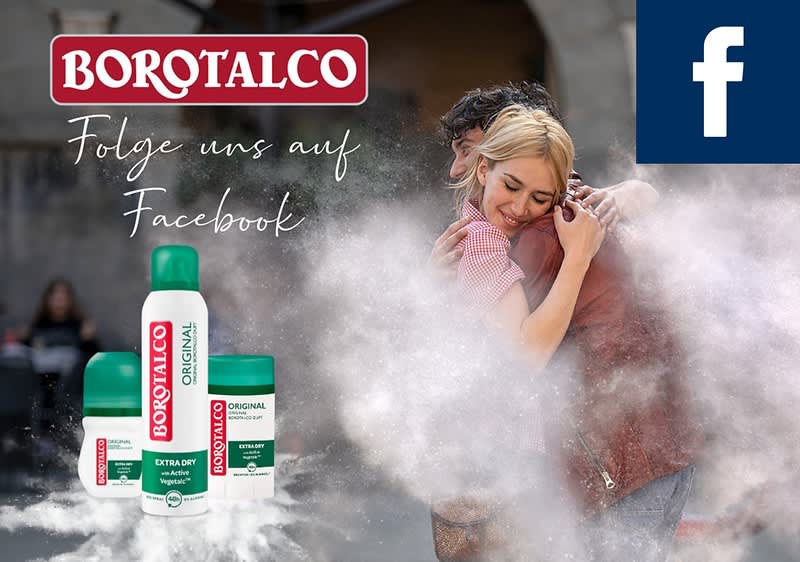 Das Logo von Borotalco, daneben der Text „Folge uns auf Facebook“, darunter drei Borotalco-Produkte, eine Deospray-Flasche und zwei Roll-On-Flaschen, umgeben von weißem Puder, im Hintergrund zwei umarmende Personen umgeben von einer Wolke.