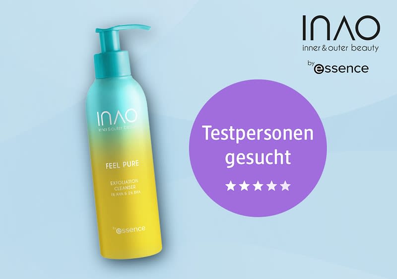 Bubble „Testpersonen gesucht“ daneben INAO Feel Pure AHA & BHA Exfoliation Cleanser